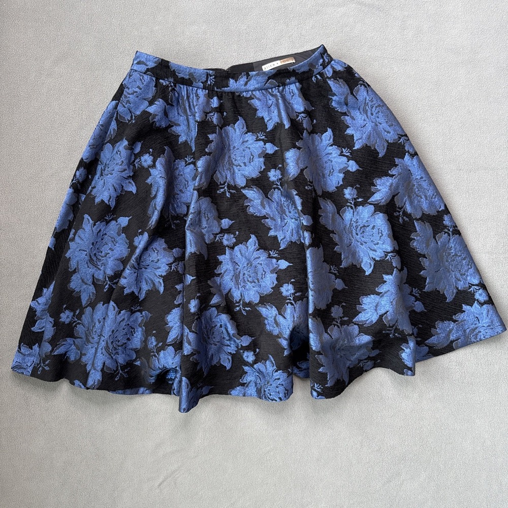 Alice + Olivia Skirt Womens 8 Black Blue Floralβ Jacquard Taffeta Lining Preppy